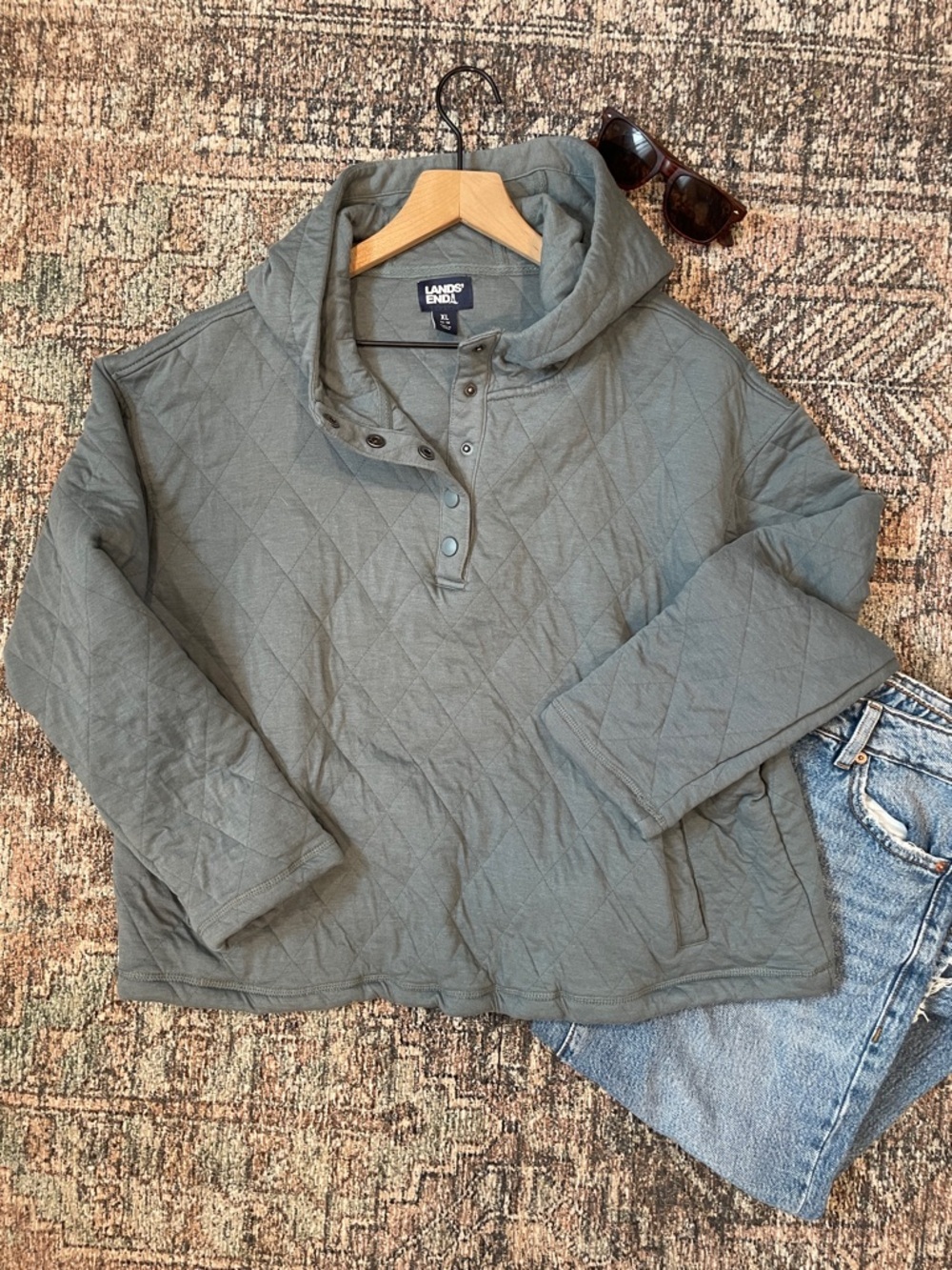 Lands’ End Quilted Pullover Womens XL Sage Green Hooded Cozy Sweatshirt Top